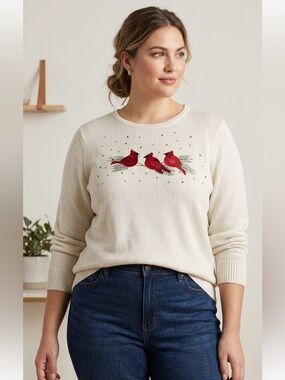 Vintage Style Cardinal Bird Sweater‎ XL Shimmer Knit Grandmacore Winter